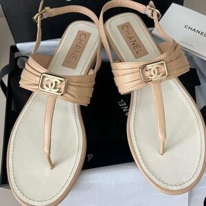 CHANEL Tan Sandals with Signature Emblem
